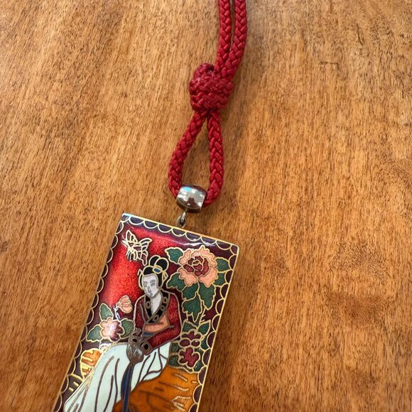 Asian Enamel Pendant on Red Rope Cord w. Tassel Long Necklace - Picture 7 of 9